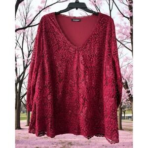 Roz & Ali Womens Top Shirt Blouse Size PLUS Wine Red 3/4 Sleeve Fall 3XL Holiday
